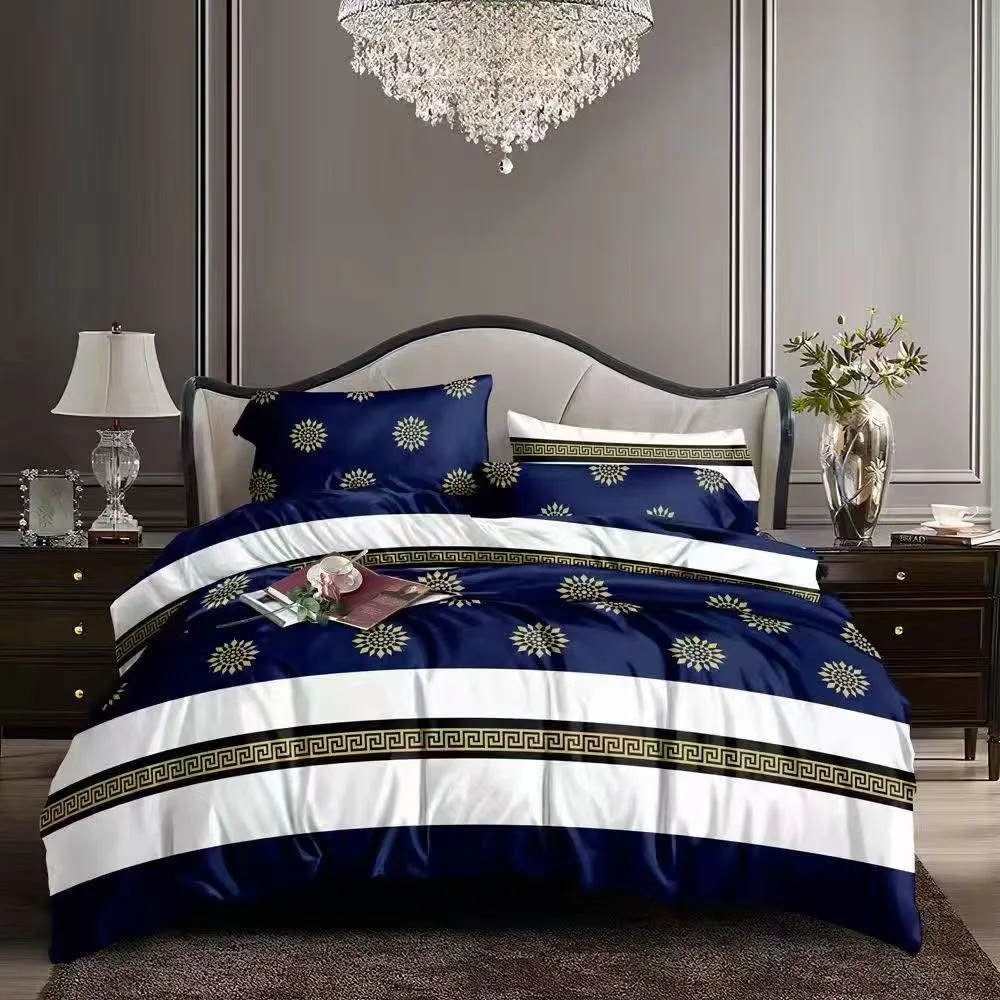 Navy blue striped bedding on a bed