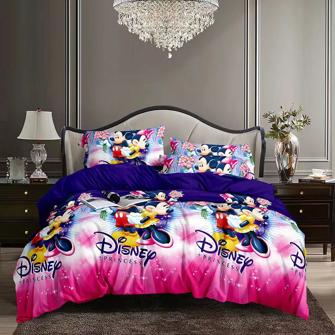 Pink cartoon character bedsheet on a bed