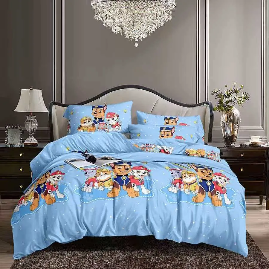 Light blue children's character bedsheet on a bed