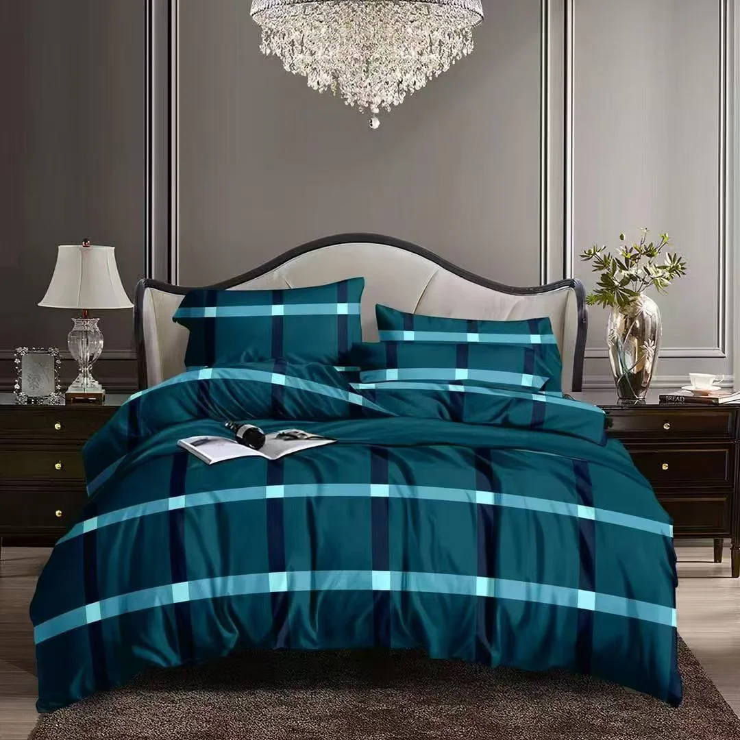 Deep teal striped bedding on a bed
