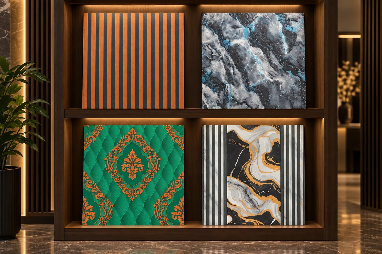 Styled visualisation of four wallpaper sample designs displayed on shelves